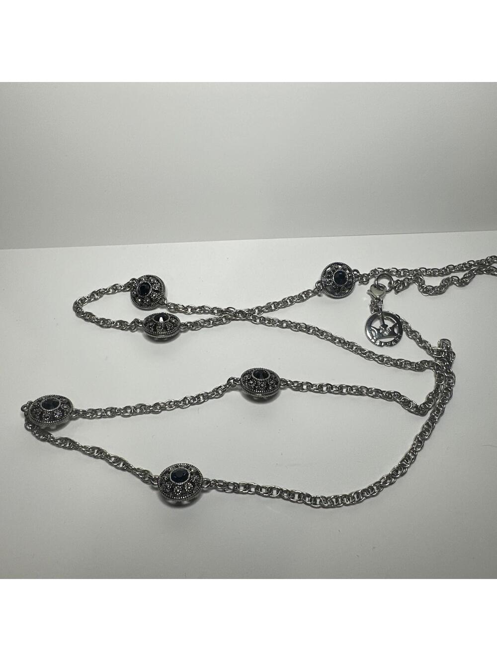Crown Trifari Silvertone Necklace Double-Sided Stations Dark Blue Stones 33”